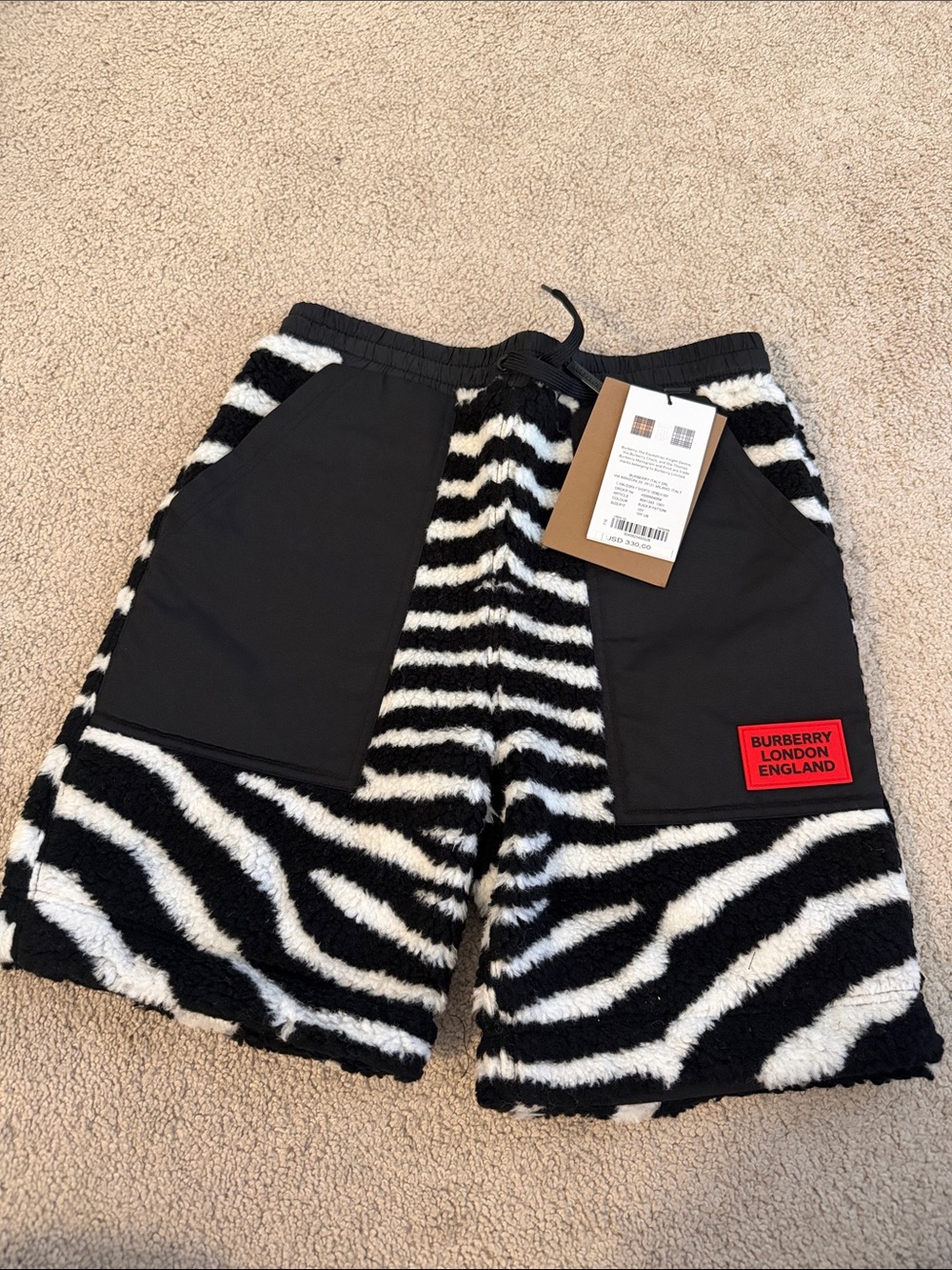 Burberry Black & White Zebra Faux-Fur Patch Pocket Shorts Boy 10Y/12YR